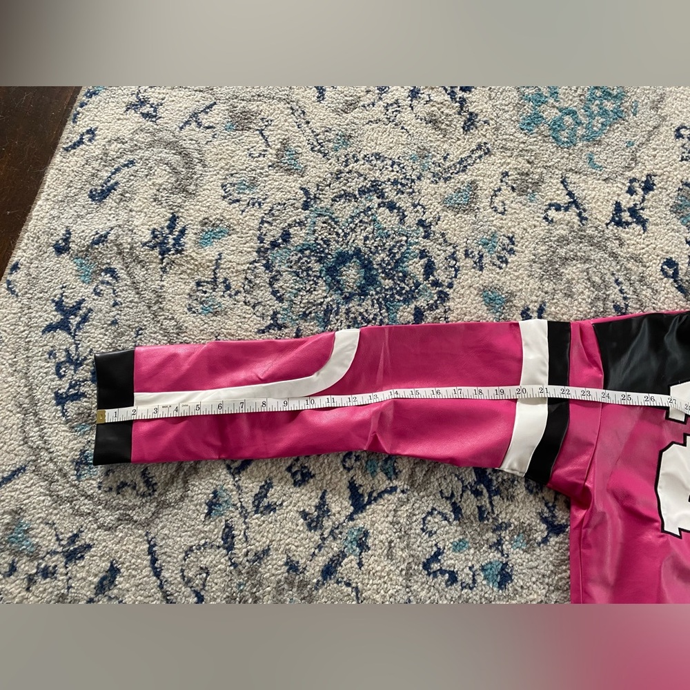 NEW, Women's Pink & Black Cropped Faux Leather Bomber Jacket - Picture 6 of 9